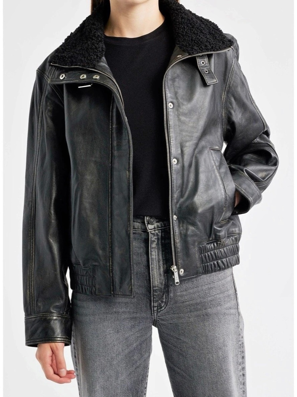New Sam Edelman Black Lambskin Leather Jacket Faux Shearling Collar distressed